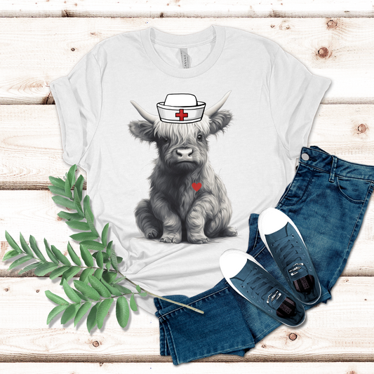Highland Cow Themed Nurse T-Shirt, Cute Highland Cow Nurse Sweatshirt, Nursing Student Grad Gift, Nurse Appreciation Gift, Nurse Shirt