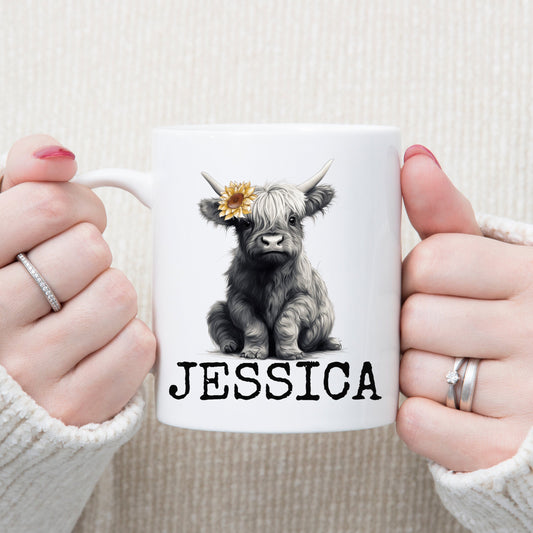 Cute Personalized Highland Cow Mug, Baby Highland Cow Mug, Cow Lover Gift, Farmhouse Coffee Cup, Custom Highland Cow Cup, Mother's Day Gift
