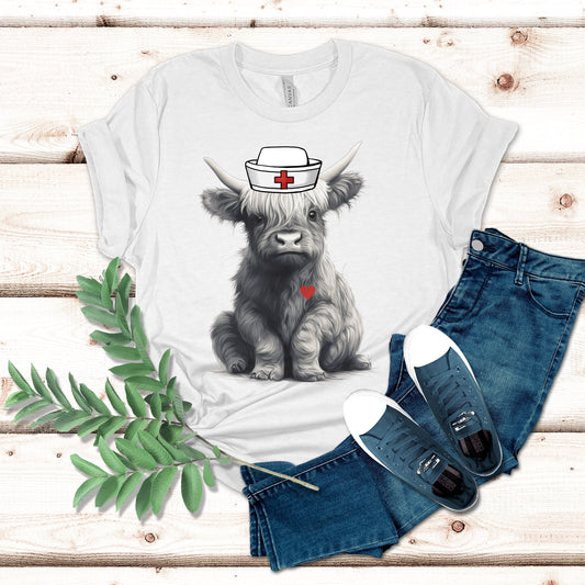 Cute Highland Cow Themed Nurse T-Shirt, Cute Highland Cow Nurse Sweatshirt, Nursing Student Grad Gift, Nurse Appreciation Gift, Nurse Shirt