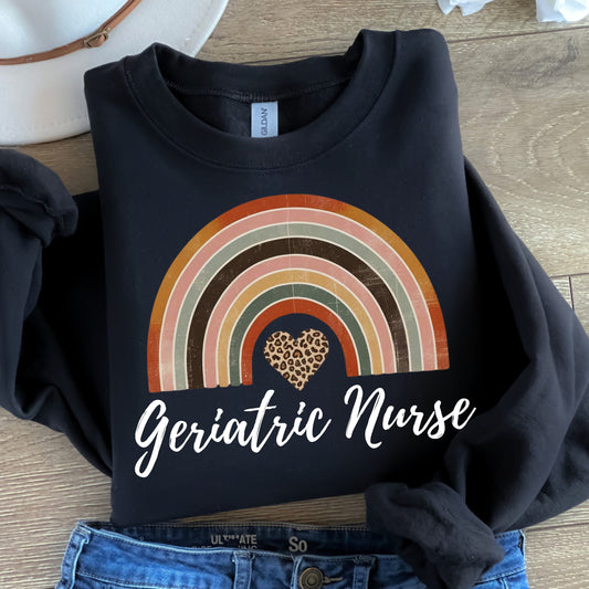 Geriatric Nurse Rainbow T-Shirt, Vintage Heart Leopard Print, Nursing Staff Appreciation Tee, Colorful Nurse Life Shirt, Caregiver Gift