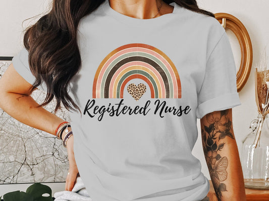 Registered Nurse Vintage Rainbow T-Shirt, Nursing Graphic Tee, Distressed Leopard Print Heart, RN Appreciation Gift, Nurse Week Gift, RN