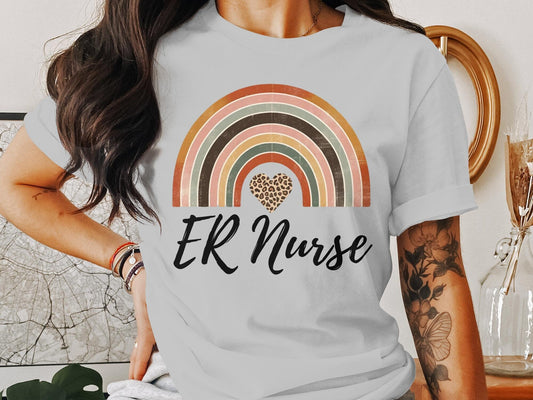 ER Nurse Rainbow Heart Leopard Print T-Shirt, Nurse Appreciation Gift, Emergency Room Nursing Tee, Vintage Style Shirt, Nurse Grad Gift