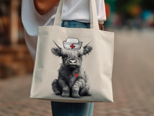 Nurse Highland Cow Tote Bag, Cute Medical Themed Bag, Cute Highland Cow Themed Nurse Tote Bag, Nursing Student Gift, Nurse Bag For Work