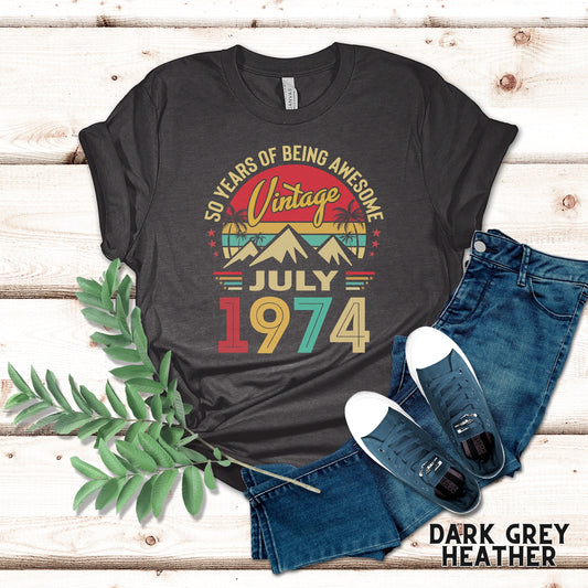 Vintage 1974 T-Shirt, Retro 50th Birthday Gift, Cool July 1974 Birthday Tee, Classic 1974 Aged to Perfection Shirt, 50Th Birthday Sweatshirt