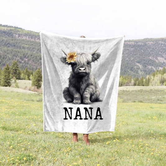 Nana Highland Cow Velveteen Plush Blanket, Highland Cow Gift For Nana, Cute Grandma Gift, Highland Cow Blanket For Nana, Cow Gift For Nana