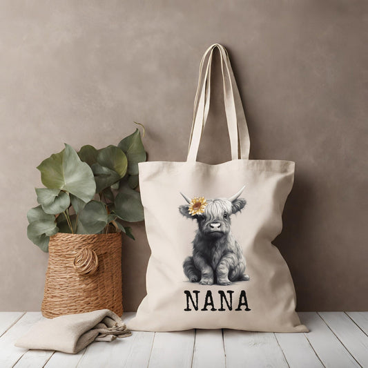 Highland Cow Nana Canvas Tote Bag, Cute Cow Bag, Highland Cow Lover Gift, Highland Cow Gifts For Nana, Cute Grocery Cow Bag, Farmhouse Tote