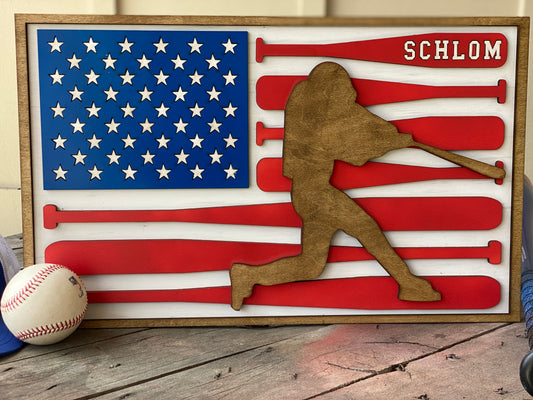 Personalized Baseball Themed USA Flag Plaque